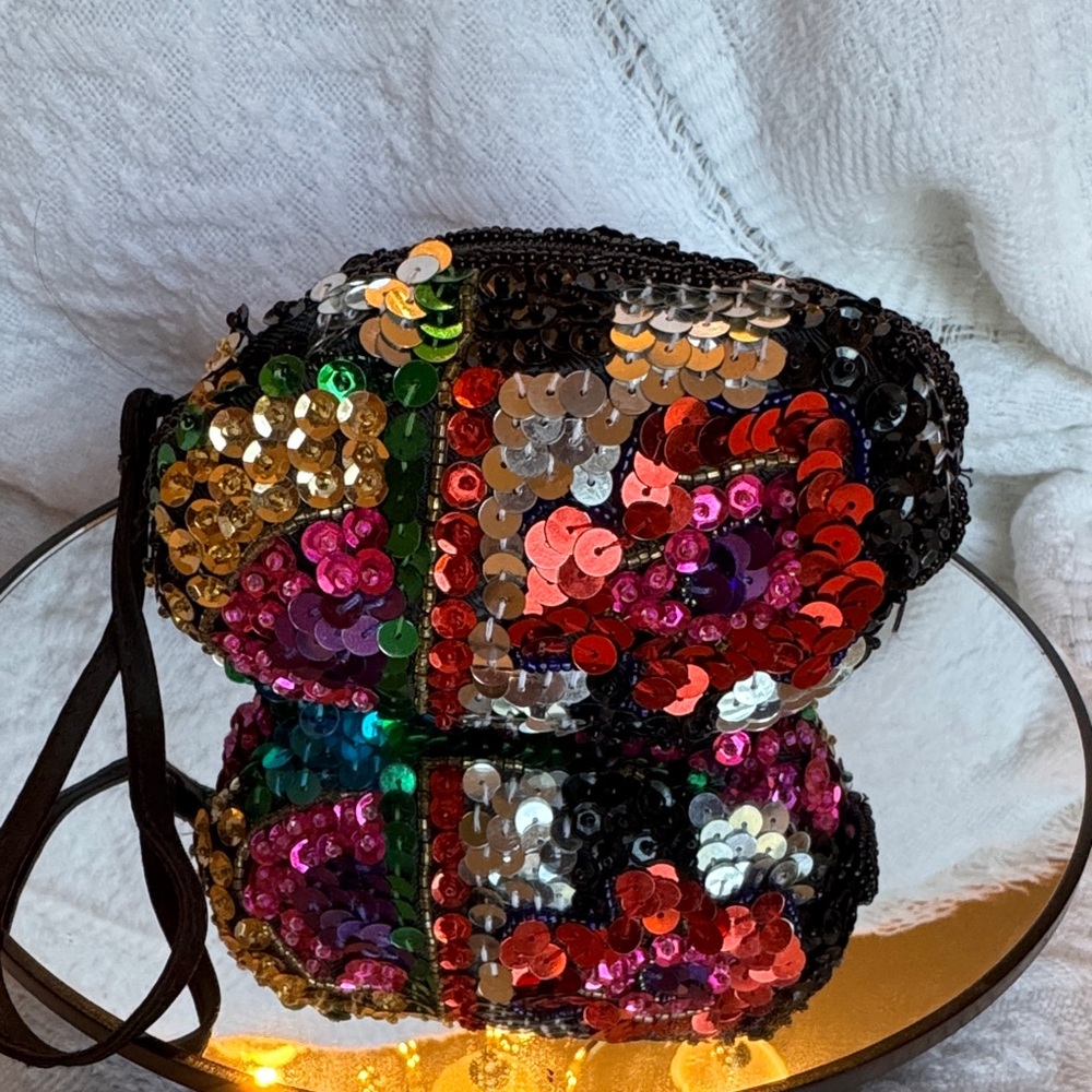Sequin and seed bead Multicolor padded inside Vintage wristlet Or coin pouch